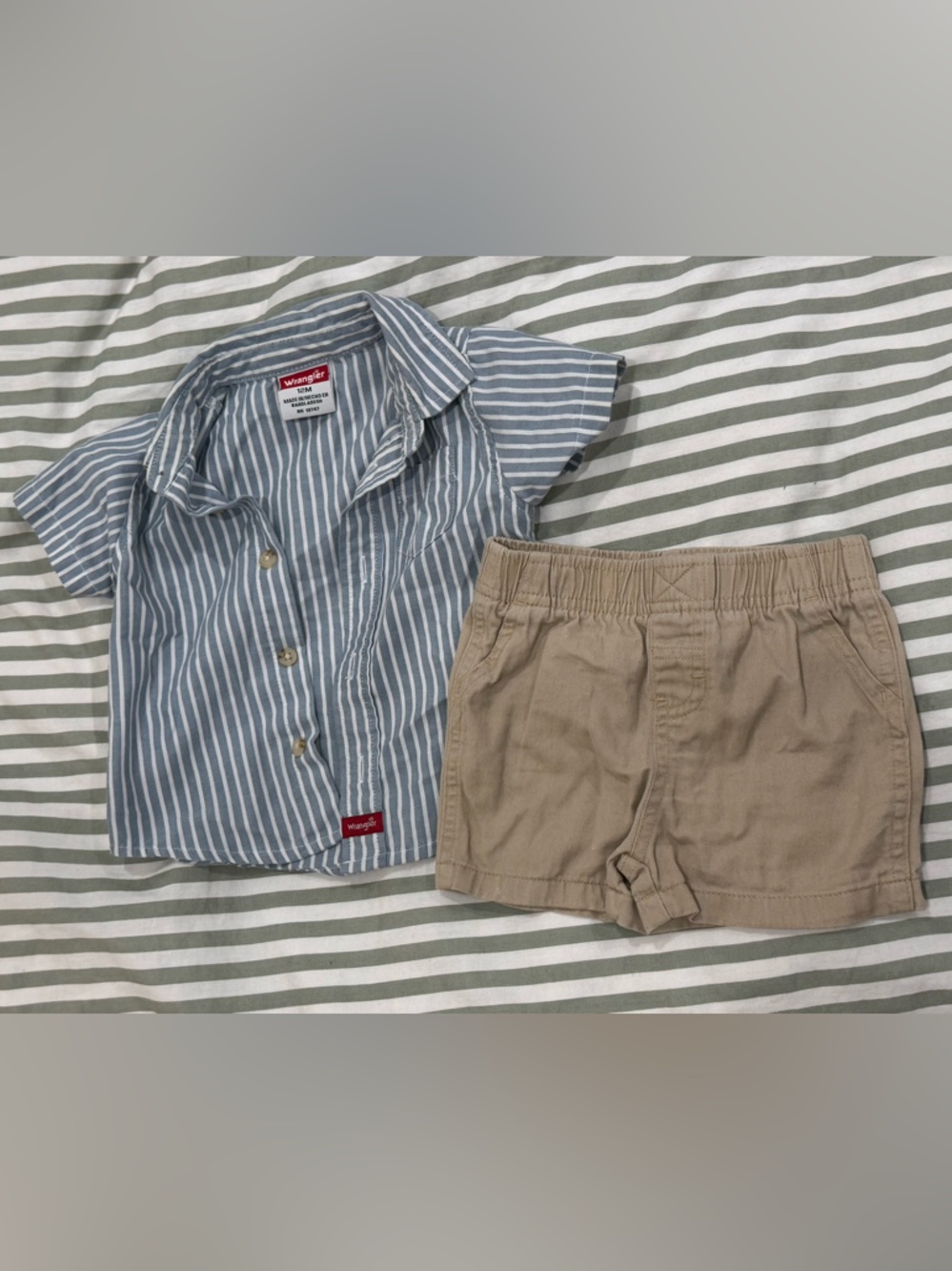 Wrangler Blue & White Striped Button-Up Shirt with Tan Shorts